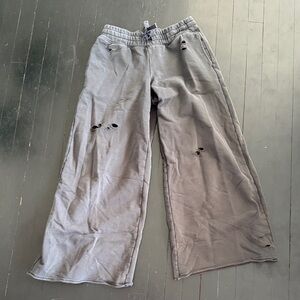 aerie Wide Leg Distressed Sweatpants in Charcoal Gray